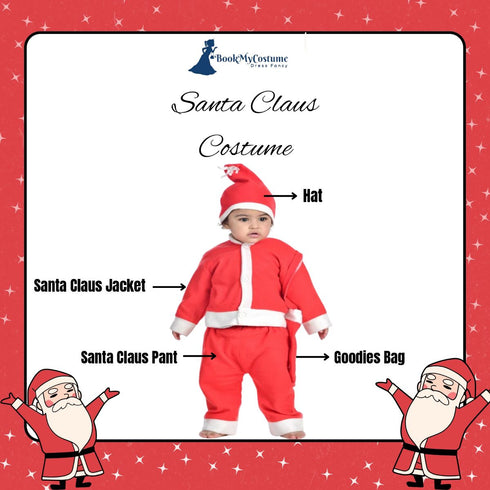 BookMyCostume Santa Boy Costume Set of 4 (Jacket, Bottom, Bag, & Cap) Kids & Adults Christmas Costume